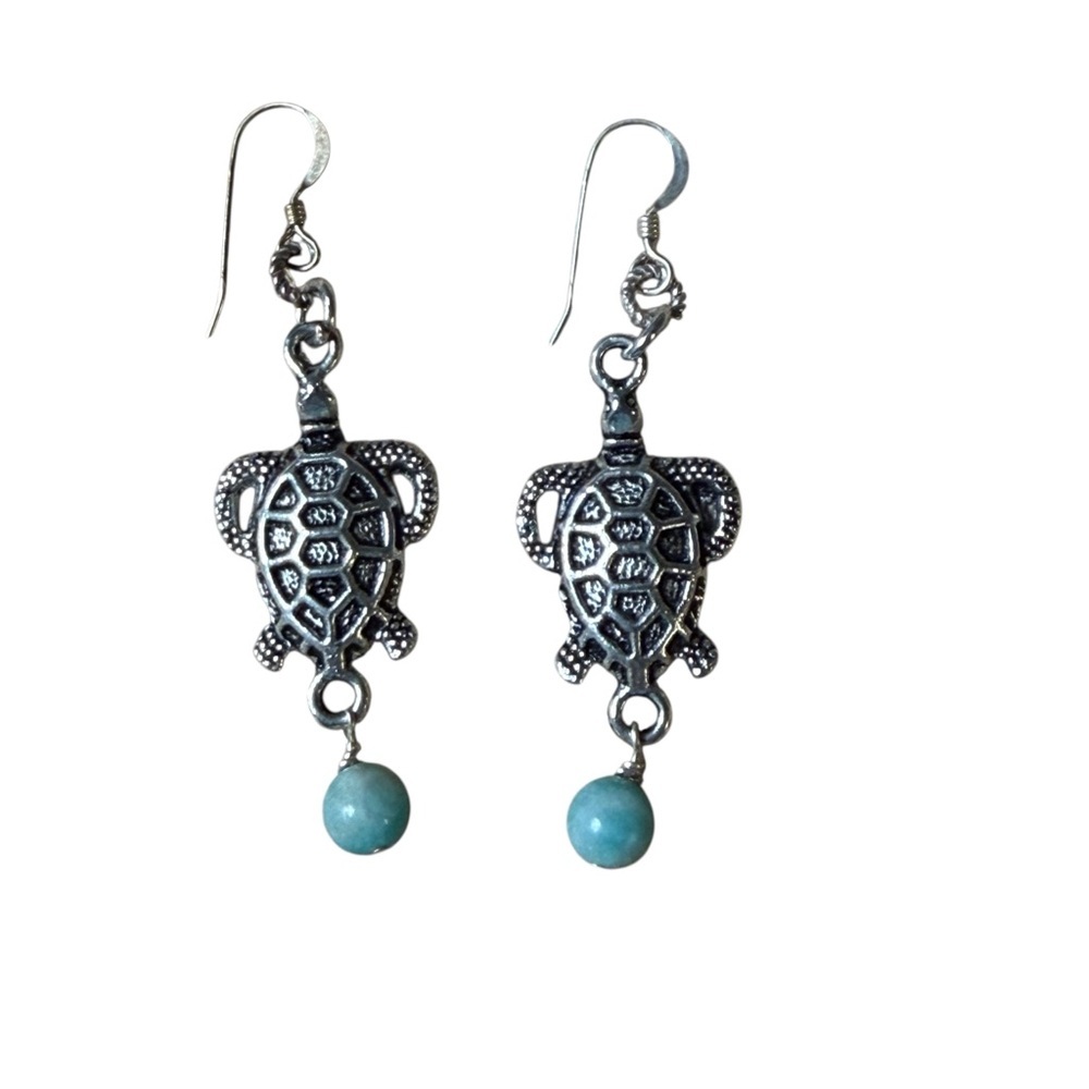 NWT Handcrafted Silver Turtle Earrings with Amazonite Beads & Sterling Ear Wires